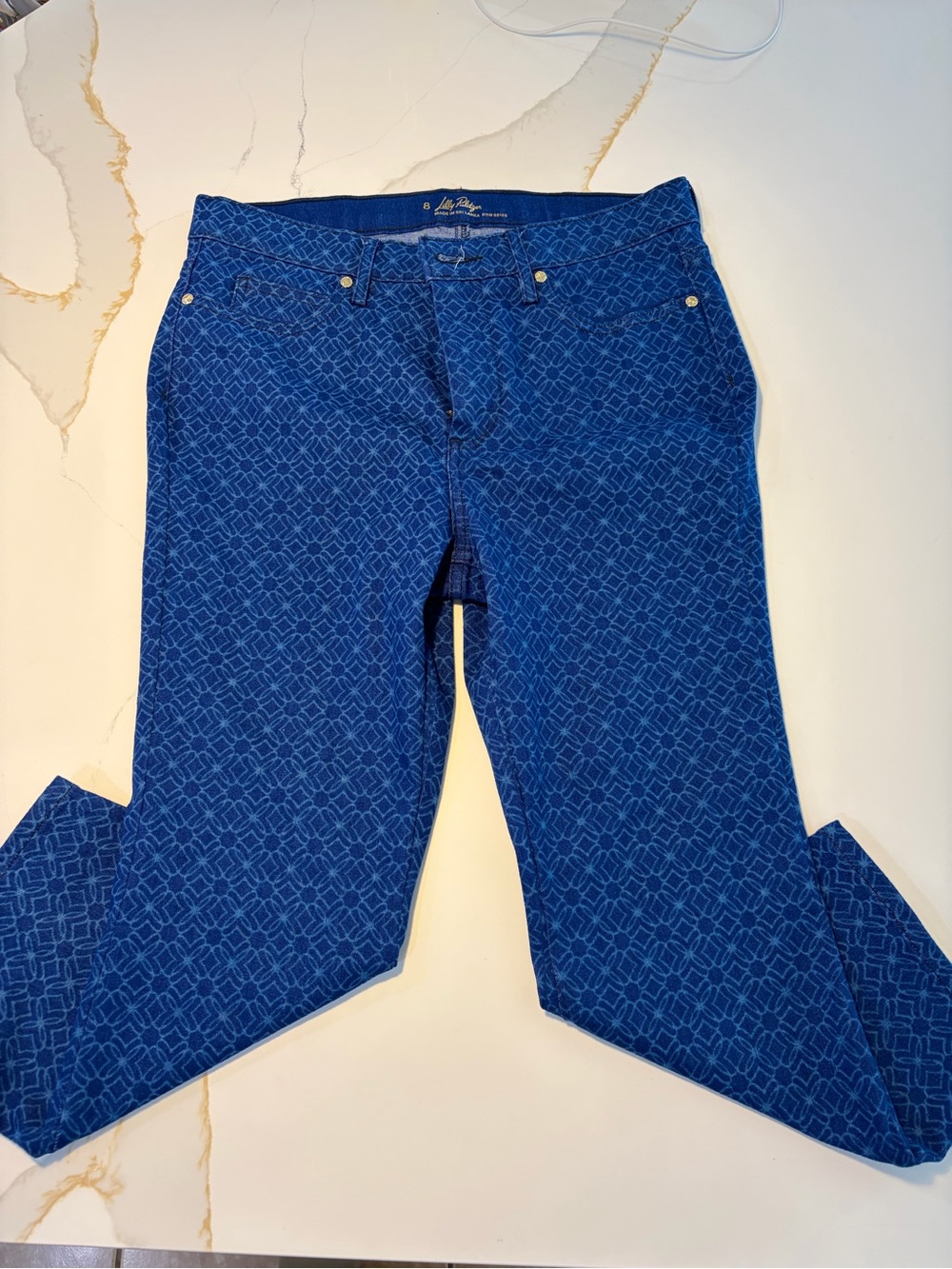 Lilly Pulitzer Blue Geometric Print Cropped Pants Size 8 Coastal Prep  Style